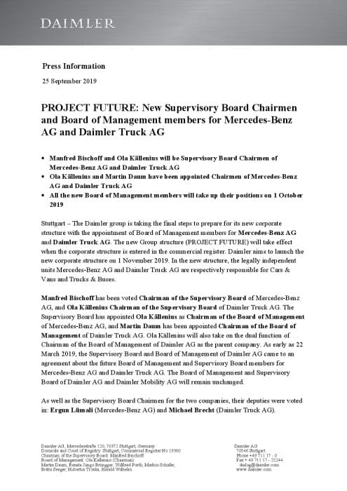 PROJECT FUTURE: New Supervisory Board Chairmen and Board of Management members for Mercedes-Benz AG and Daimler Truck AG