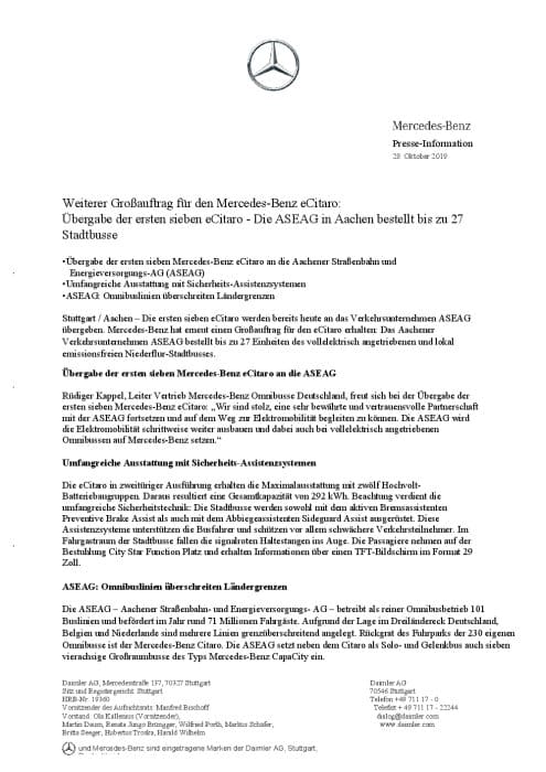 Weiterer Großauftrag für den Mercedes Benz eCitaro: Übergabe der ersten sieben eCitaro - Die ASEAG in Aachen bestellt bis zu 27 Stadtbusse