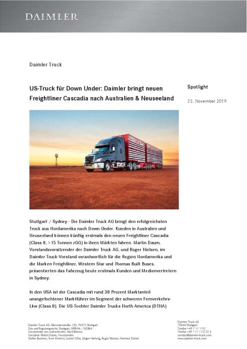 US-Truck für Down Under: Daimler bringt neuen Freightliner Cascadia nach Australien & Neuseeland