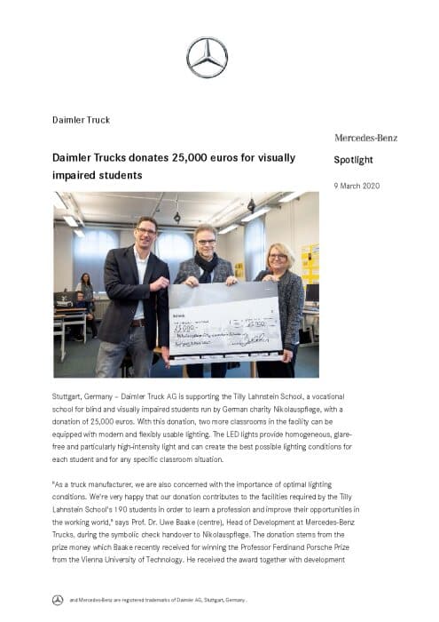 Daimler Trucks donates 25,000 euros for visually impaired students