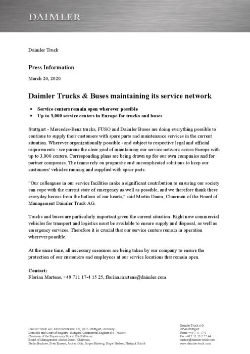 Daimler Trucks & Buses maintaining its service network