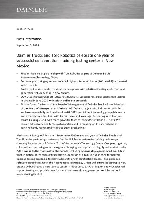 Daimler Trucks and Torc Robotics celebrate one year of successful collaboration – adding testing center in New Mexico