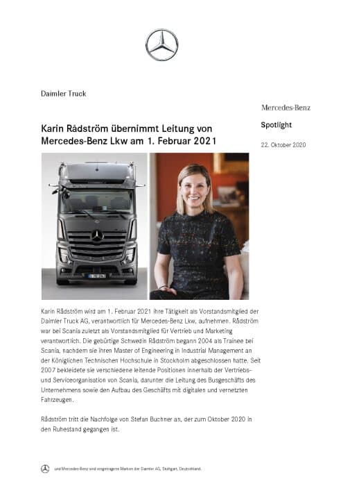 Karin Rådström übernimmt Leitung von Mercedes-Benz Lkw am 1. Februar 2021