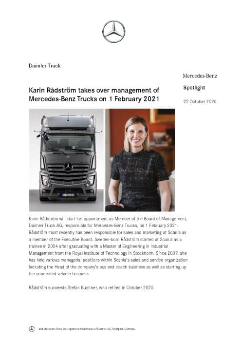 Karin Rådström takes over management of Mercedes-Benz Trucks on 1 February 2021