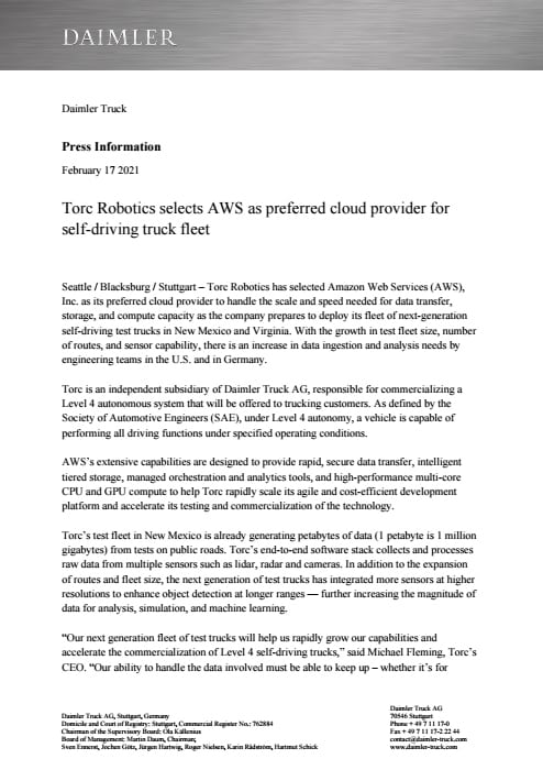 Torc Robotics selects AWS as preferred cloud provider for self-driving truck fleet