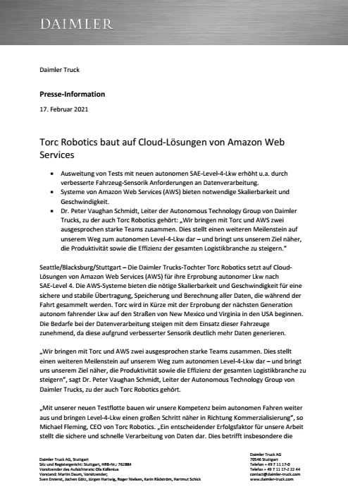 Torc Robotics baut auf Cloud-Lösungen von Amazon Web Services