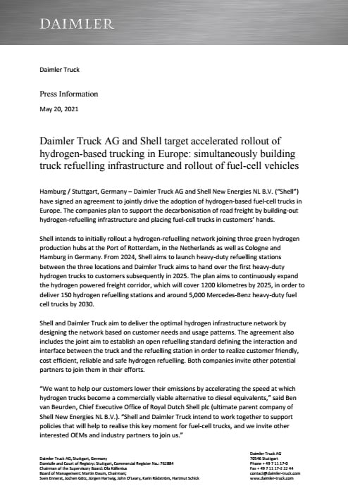 Daimler Truck AG and Shell target accelerated rollout of hydrogen-based trucking in Europe: simultaneously building  truck refuelling infrastructure and rollout of fuel-cell vehicles