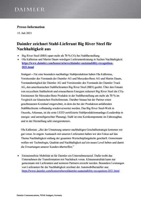 Daimler zeichnet Stahl-Lieferant Big River Steel für Nachhaltigkeit aus