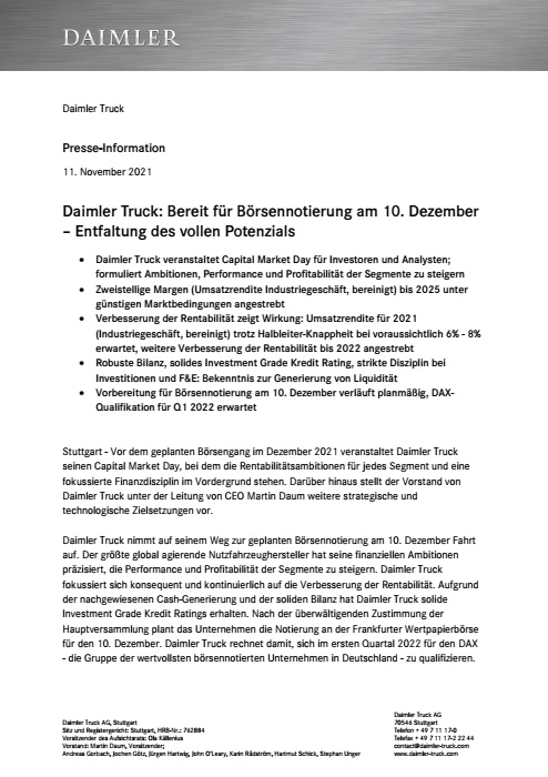 Daimler Truck: Bereit für Börsennotierung am 10. Dezember – Entfaltung des vollen Potenzials