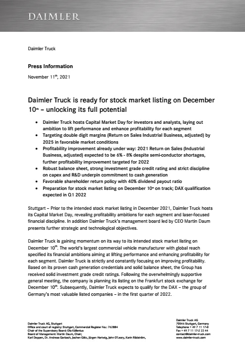 Daimler Truck is ready for stock market listing on December 10th – unlocking its full potential