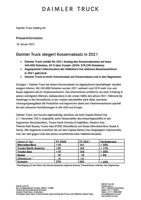 Daimler Truck steigert Konzernabsatz in 2021