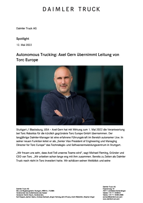 Autonomous Trucking Axel Gern übernimmt Leitung von Torc Europe
