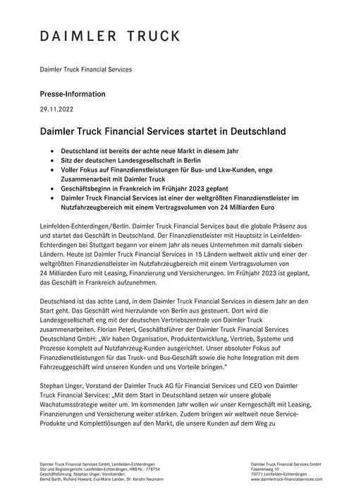 Daimler Truck Financial Services startet in Deutschland