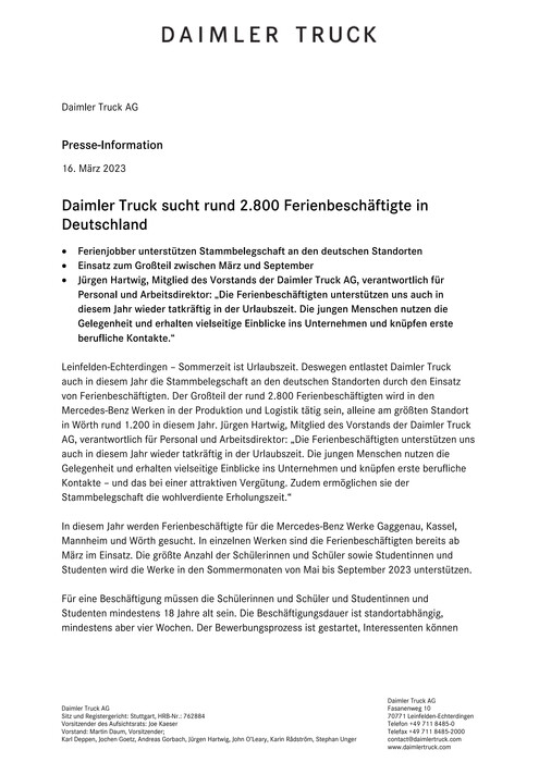 Daimler Truck sucht rund 2.800 Ferienbeschäftigte in Deutschland