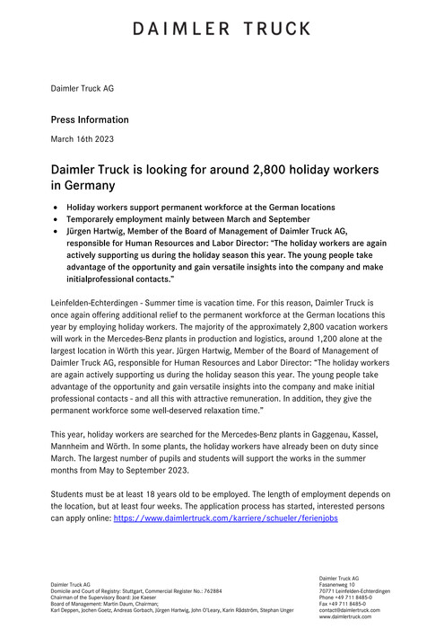 Daimler Truck is looking for around 2,800 holiday workers in Germany