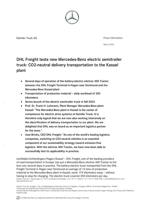 DHL Freight tests new Mercedes-Benz electric semitrailer truck: CO2-neutral delivery transportation to the Kassel plant