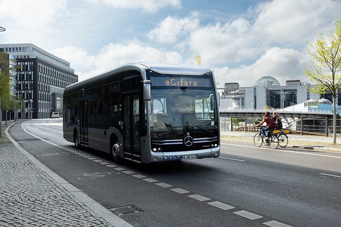 The all-electric Mercedes-Benz eCitaro city bus with the latest generation of batteries