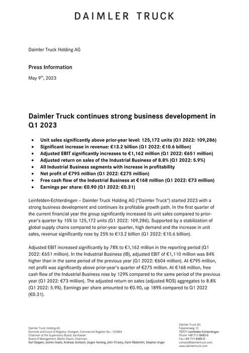 Daimler Truck continues strong business development in Q1 2023