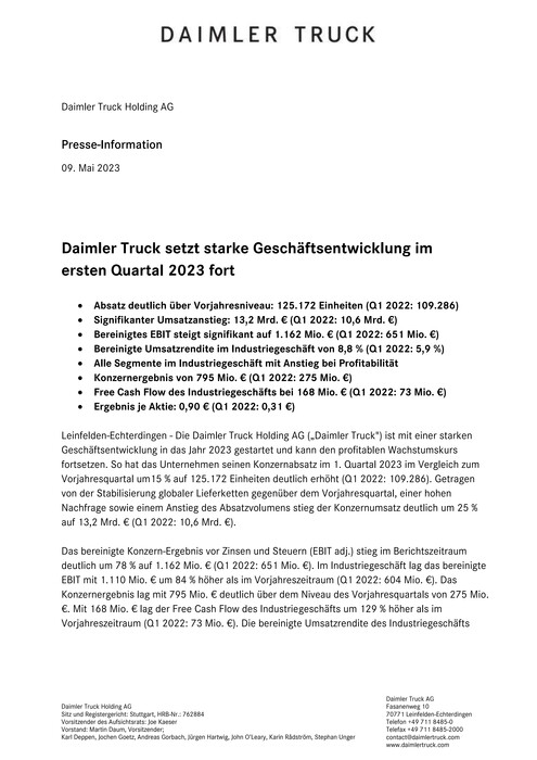 Daimler Truck setzt starke Geschäftsentwicklung im ersten Quartal 2023 fort