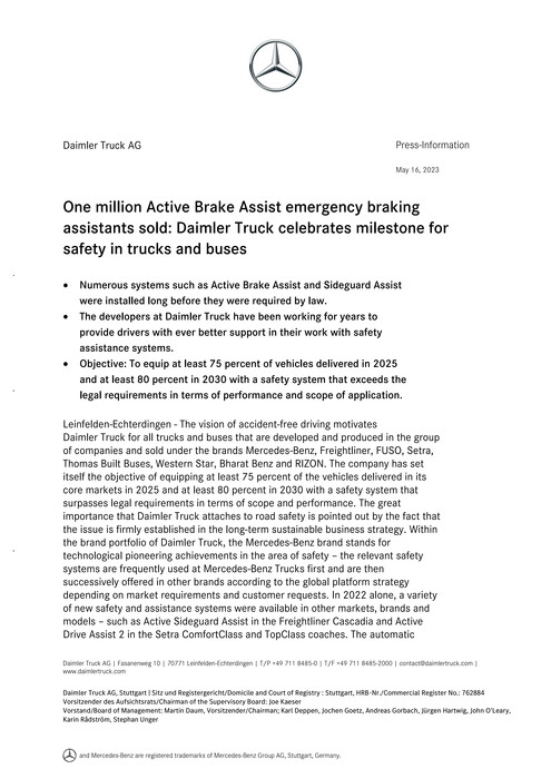 One million Active Brake Assist emergency braking assistants sold: Daimler Truck celebrates milestone for safety in trucks and buses