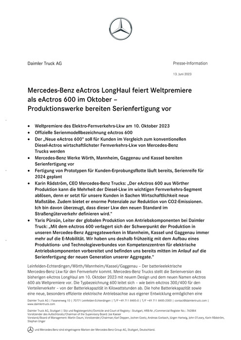 Mercedes-Benz eActros LongHaul feiert Weltpremiere als eActros 600 im Oktober – Produktionswerke bereiten Serienfertigung vor