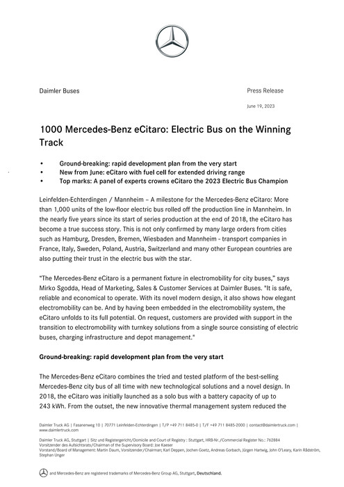 1000 Mercedes-Benz eCitaro: Electric Bus on the Winning Track