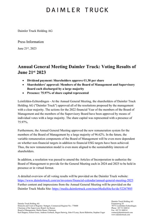 Annual General Meeting Daimler Truck: Voting Results of June 21st 2023