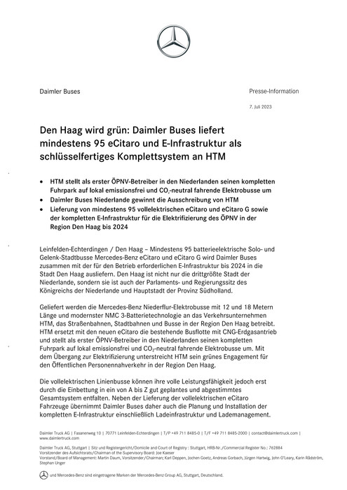 Den Haag wird grün: Daimler Buses liefert mindestens 95 eCitaro und E-Infrastruktur als schlüsselfertiges Komplettsystem an HTM