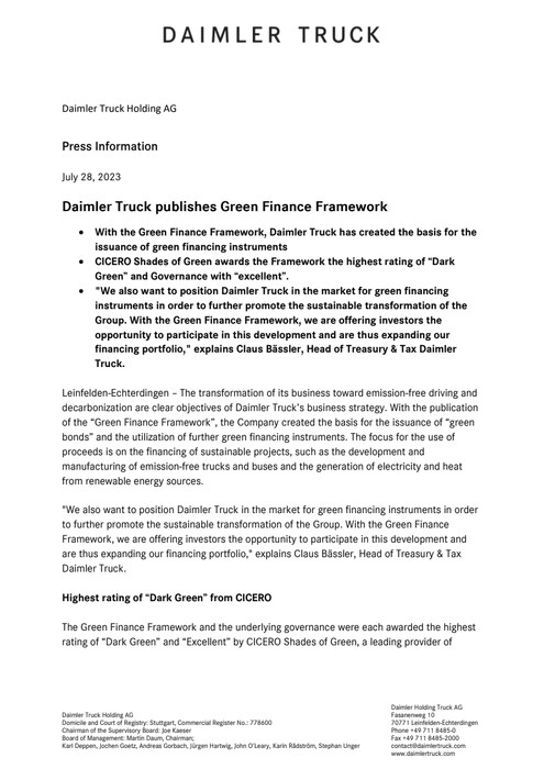 Daimler Truck publishes Green Finance Framework