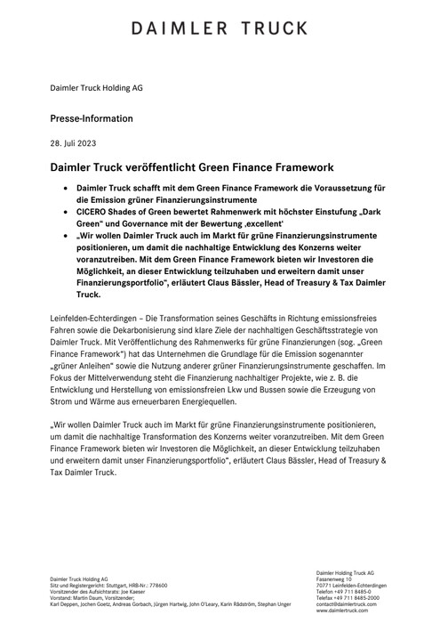 Daimler Truck veröffentlicht Green Finance Framework