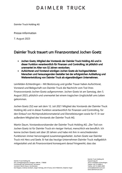 Daimler Truck trauert um Finanzvorstand Jochen Goetz