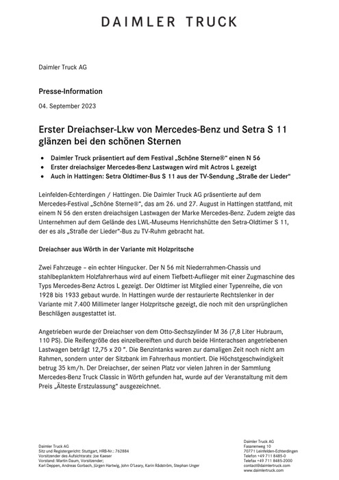 Erster Dreiachser-Lkw von Mercedes-Benz und Setra S 11 glänzen bei den schönen Sternen