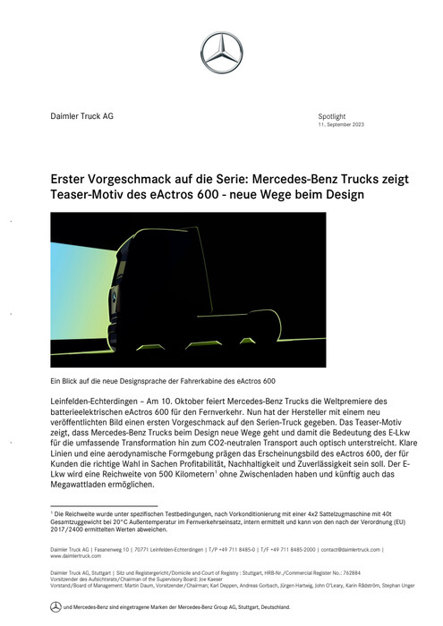 Erster Vorgeschmack auf die Serie: Mercedes-Benz Trucks zeigt Teaser-Motiv des eActros 600 - neue Wege beim Design