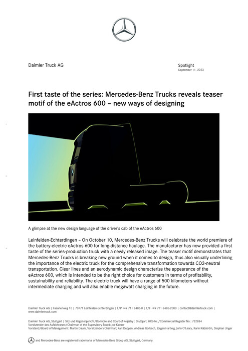 First taste of the series: Mercedes-Benz Trucks reveals teaser motif of the eActros 600 – new ways of designing