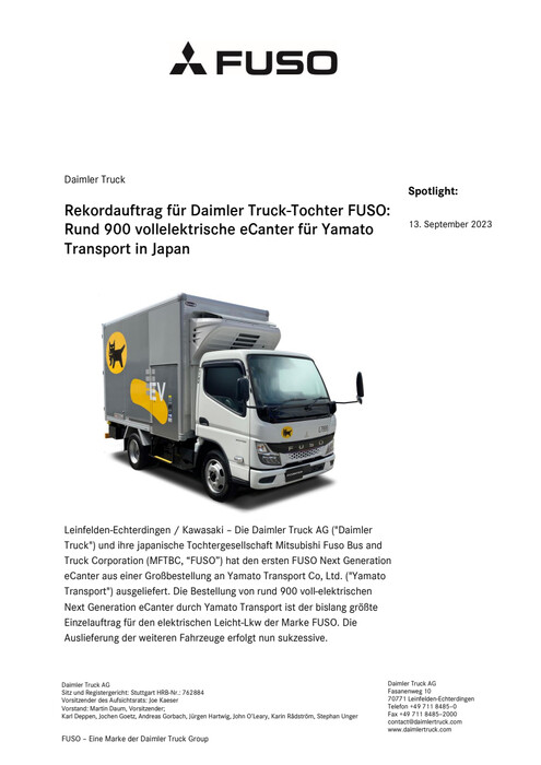 Rekordauftrag für Daimler Truck-Tochter FUSO: Rund 900 vollelektrische eCanter für Yamato Transport in Japan