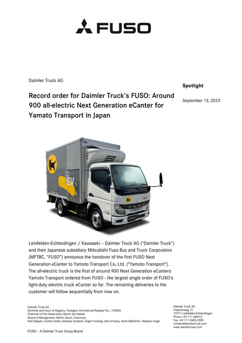 Record order for Daimler Truck’s FUSO: Around 900 all-electric Next Generation eCanter for Yamato Transport in Japan