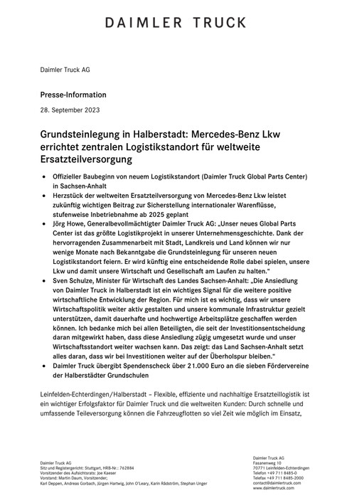 Grundsteinlegung in Halberstadt: Mercedes-Benz Lkw errichtet zentralen Logistikstandort für weltweite Ersatzteilversorgung