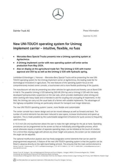 New UNI-TOUCH operating system for Unimog implement carrier – intuitive, flexible, no fuss