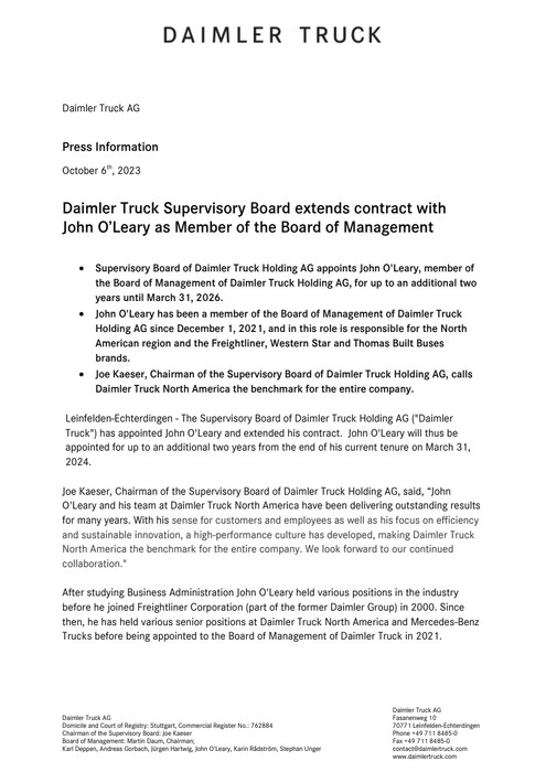 Daimler Truck Supervisory Board extends contract with John O’Leary as Member of the Board of Management