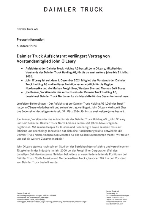 Daimler Truck Aufsichtsrat verlängert Vertrag von Vorstandsmitglied John O’Leary