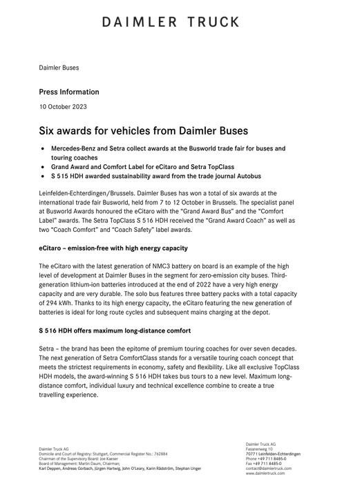 Six awards for vehicles from Daimler Buses