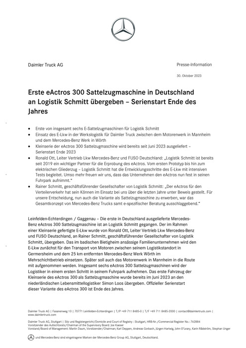 Erste eActros 300 Sattelzugmaschine in Deutschland an Logistik Schmitt übergeben – Serienstart Ende des Jahres