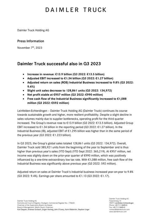 Daimler Truck Successful Also In Q3 2023 | Daimler Truck