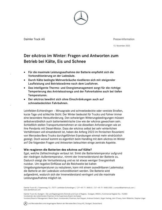Der eActros im Winter: Fragen und Antworten zum Betrieb bei Kälte, Eis und Schnee