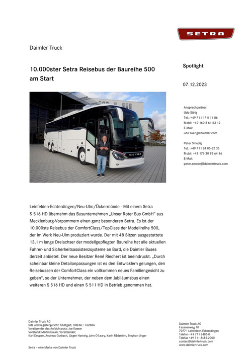 10.000ster Setra Reisebus der Baureihe 500 am Start