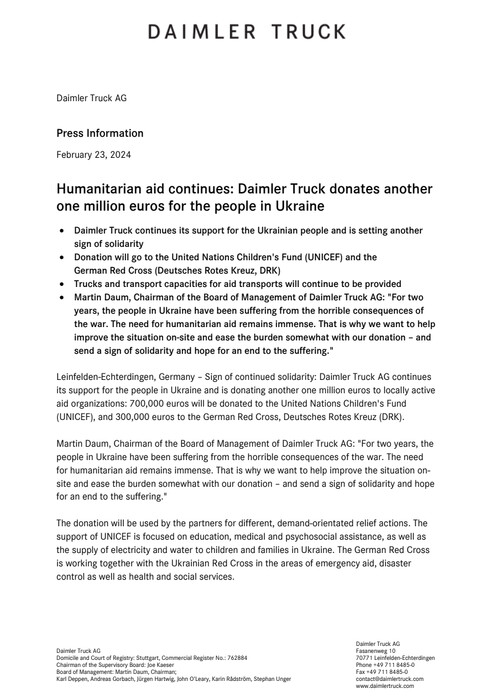 Humanitarian aid continues: Daimler Truck donates another one million euros for the people in Ukraine