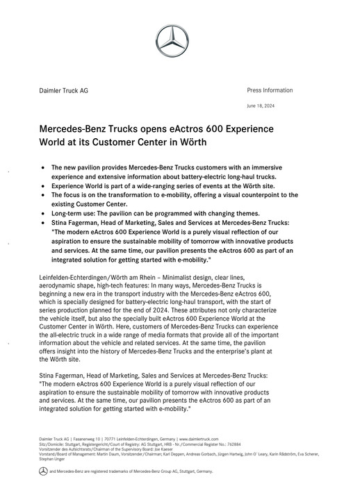 Mercedes-Benz Trucks opens eActros 600 Experience World at its Customer Center in Wörth