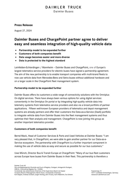 Daimler Buses and ChargePoint partner agree to deliver easy and seamless integration of high-quality vehicle data
