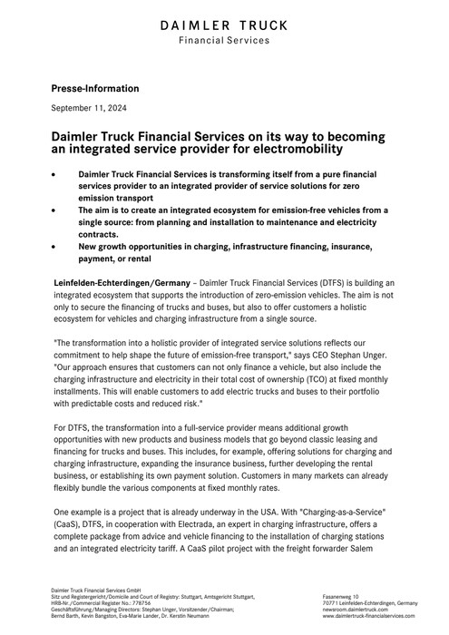 Daimler Truck Financial Services on its way to becoming an integrated service provider for electromobility