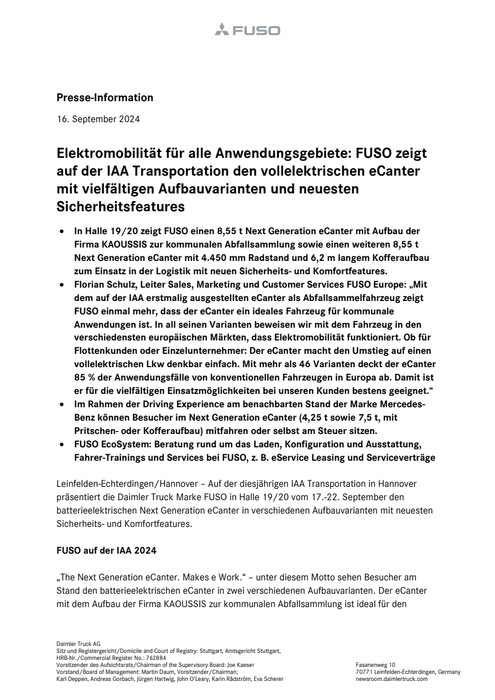 Elektromobilität für alle Anwendungsgebiete: FUSO zeigt auf der IAA Transportation den vollelektrischen eCanter mit vielfältigen Aufbauvarianten und neuesten Sicherheitsfeatures